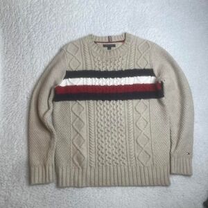 Tommy Hilfiger men's cream striped wool cable knit‎ sweater preppy soft L